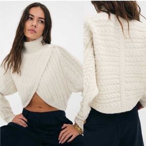 Commense Cropped Cable Knit Cross Wrap Sweater